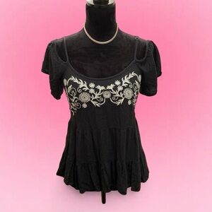 🌷Xhilaration Black Off Shoulder Top with White Embroidery